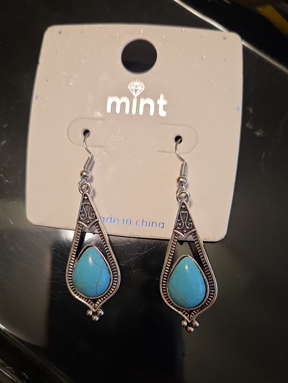 Mint Silver-Tone Earrings with Turquoise Teardrops, NWT
